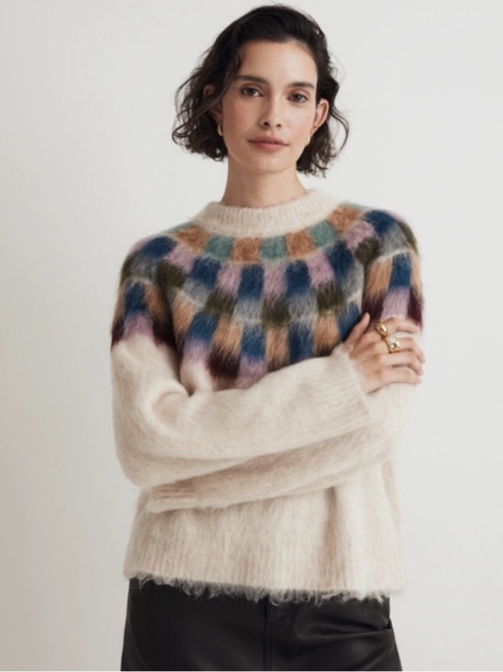Madewell Brushed Checkerboard Fair Isle Oversized Sweater Size M
